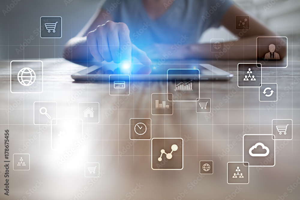 Poster virtual screen interface with applications icons. apps. work business process in modern office. stra