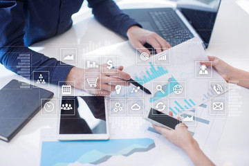 Virtual screen interface with applications icons. APPS. Work Business process in modern office. Strategy planning  Internet technology concept.