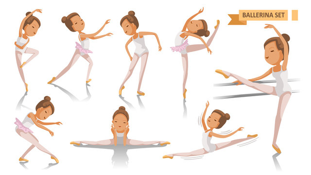Ballet of Ballerina. beautiful ballerina is posing  dancing many port. beauty of a classical ballet art. Young Girl  Full Body cartoon set. Isolated on white background. vector illustration