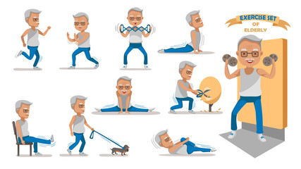 Elderly Exercise Senior exercise of male. exercising character design set. at home with a simple daily routine. Concept of health care people in the elderly. Elderly man of Full Body cartoon set.