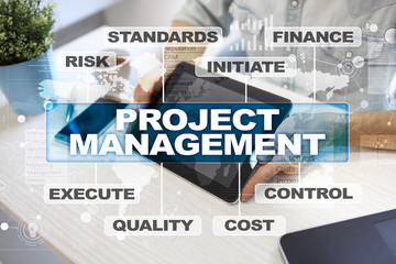 Project management on the virtual screen. Business concept.