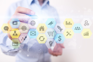 Colored applications icons and graphs on virtual screen. Business, internet and technology concept.