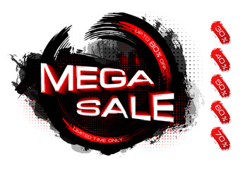 Sale banner template design. Mega sale and discount inscription on abstract stains. Vector illustration. Price offer