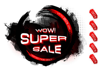 Sale banner template design. Super sale and discount inscription on abstract stains. Vector illustration. Price offer