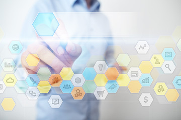 Colored applications icons and graphs on virtual screen. Business, internet and technology concept.