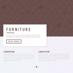 Furniture concept with thin line icons of coach, bookcase, bed,  dresser, chair, lamp, floor hanger. Modern vector illustration for banner, web page, print media.