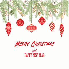 Fototapeta na wymiar Merry Christmas And Happy New Year Card.Christmas Invitation.Greeting Card with Christmas Ornaments Decorations.