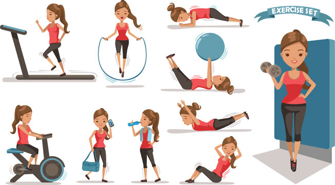 Exercise woman Health female are exercising character design set. Cute girl  Full Body cartoon set. Isolated on white background. vector illustration
