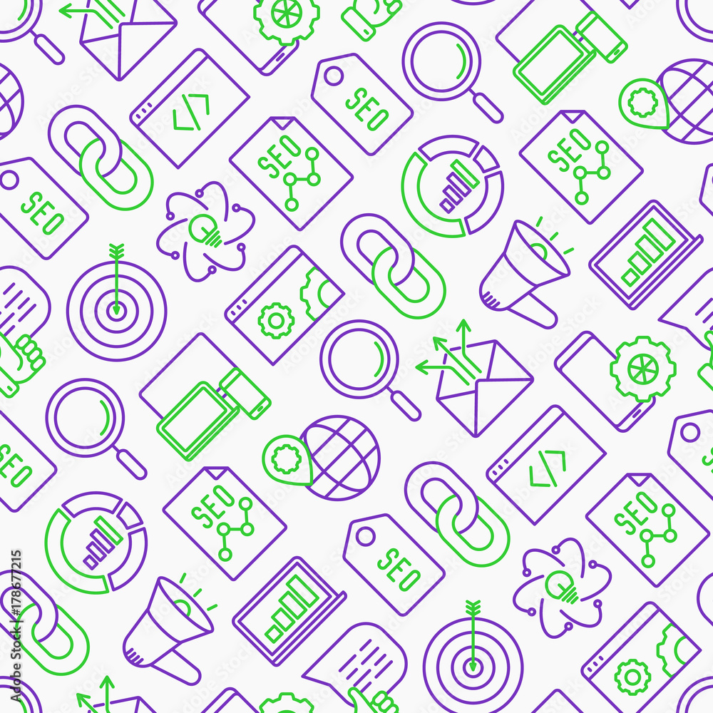 Poster seo and development seamless pattern with thin line icons. vector illustration for banner, web page,