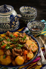 Beef stewed with vegetables, uzbek oriental style cuisine.
