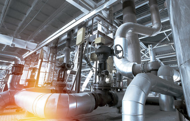 Industrial zone, Steel pipelines and valves in blue tones