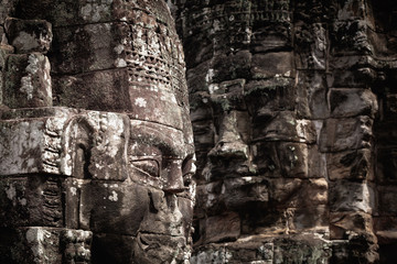 Closeup stone face of prasat Bayon temple, Angkor Thom Cambodia