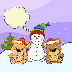 Colorful Christmas card with little bears and a snowman