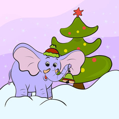 Lilac elephant next to a Christmas tree