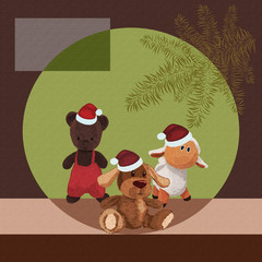 Christmas background with cute plush toys against  Christmas tree	