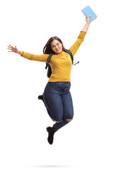 Overjoyed female student jumping and gesturing happiness