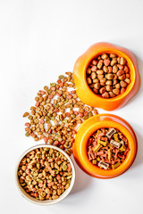 dry pet food in bowl on white background top view