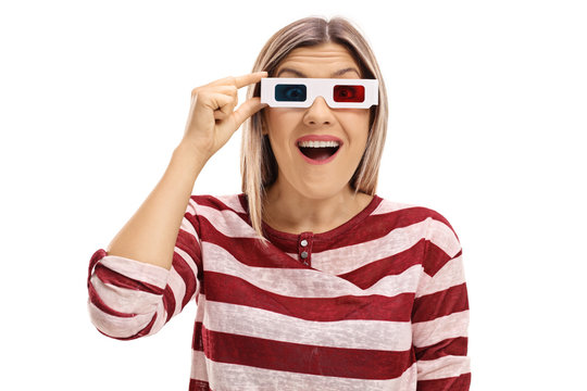 Surprised young woman with a pair of 3D glasses