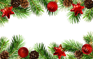 Fototapeta na wymiar Holiday borders with Christmas tree twigs, cones, and balls