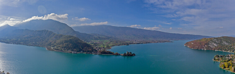Lake Annecy and villages in the French alps. France