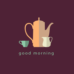 Coffee pot, pitcher and cup. Flat simple icons. Vector illustration.