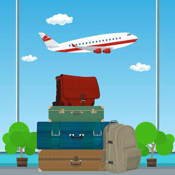 Traveler Luggage on the Background of an Airplane Taking off at the Airport, Travel and Tourism Concept , Vector Illustration