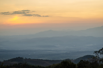 Beautiful foggy morning in the mountains in Thailand