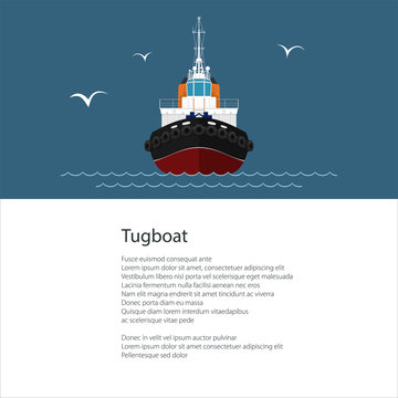 Industrial Vessel Tugboat , Push Boat and Text ,Poster Brochure Flyer Design, Vector Illustration