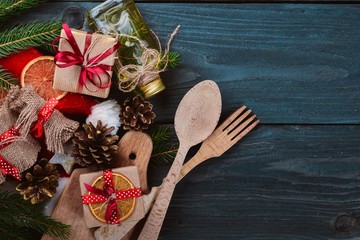 Christmas wooden background Cooking. Christmas motive. On a wooden surface. Top view. Free space for your text.
