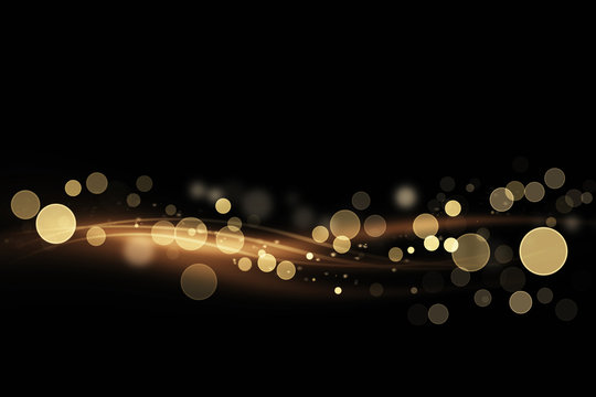 Abstract Shiny Color Gold Light Wave Design Element With Glitter Bokeh Effect On Dark Background.