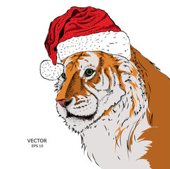 The christmas poster with the image tiger portrait in Santa's hat. Vector illustration.