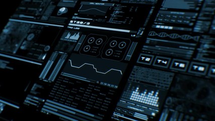 Perspective view of deep blue futuristic interface/Digital screen/Detailed abstract background. Blinking and switching indicators of command center computer,processing data, AI. - Powered by Adobe