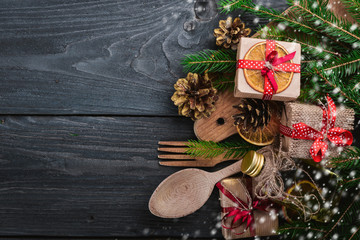 Christmas wooden background Cooking. Christmas motive. On a wooden surface. Top view. Free space for your text.