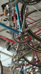 Fototapeta na wymiar hanging bicycles in bike shop