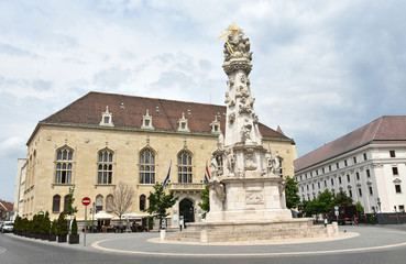 Fototapeta na wymiar Old building of Budapest city and the trinity statue, Hungary