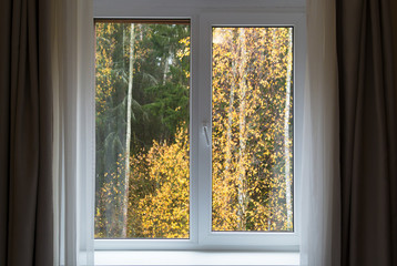 White window with sill and autumn landscape, interior with window in autumn day