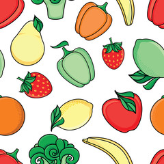 vector flat sketch style fresh ripe fruits, vegetables seamless pattern. Apple, lime bellpepper apple, watermelon pear, orange strawberry banana, broccoli. Isolated illustration on a white background.