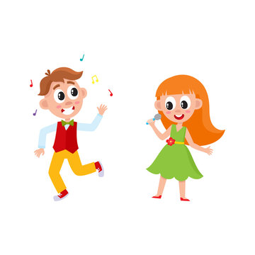 vector flat cartoon boy and girl kid dancing in party hat, throwing musik confetti and singing at microphone smiling . isolated illustration on a white background. Kids patty concept