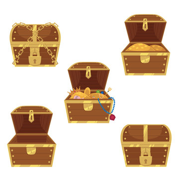Open and closed pirate treasure chests, locked, empty, full of gold and jewelry, flat style cartoon vector illustration isolated on white background. Set of flat style treasure chests, full and empty