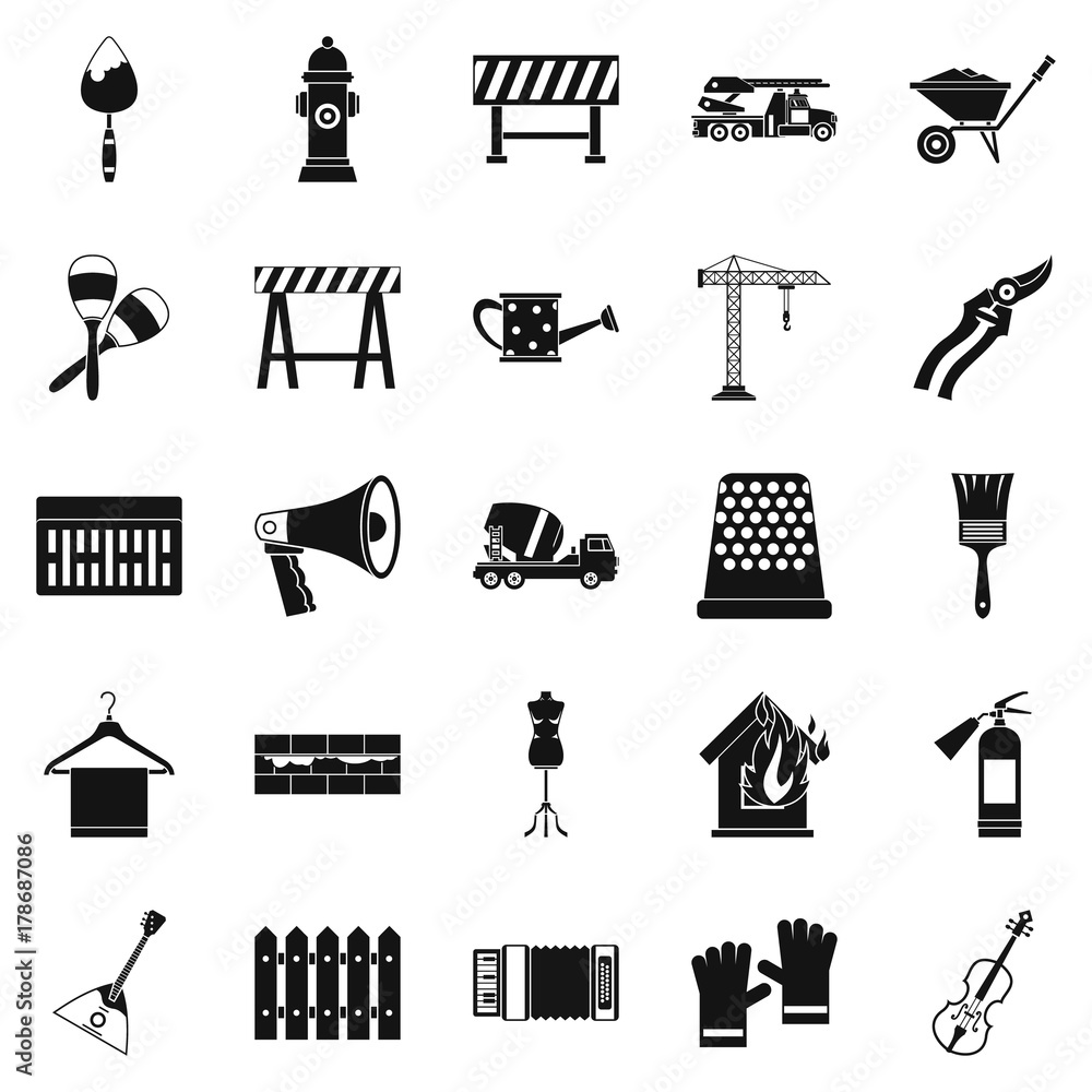 Poster working mechanism icons set, simple style