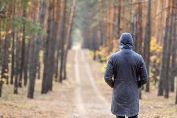 a man in a pine forest stands with his back to the camera and looks into the distance. the face hides the hood 