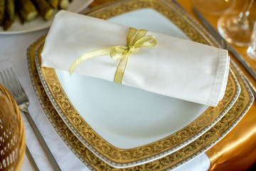 Catering service. Restaurant table with food. Huge amount of food on the table. Plates of food. Dinner time, lunch.