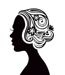 Black vector decorative ornamental silhouette of woman's head with beautiful hairstyle with flowers