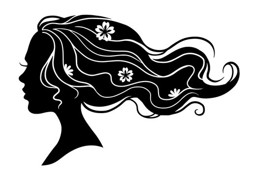 Black vector fashion beauty decorative illustration of girl with long wavy hair with flowers