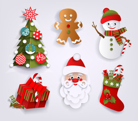 Paper cut set of Christmas decoration elements - tree, boot, Santa, present, gingerman and snowman, flat vector illustration isolated on white background. Flat paper cut set of Christmas decorations