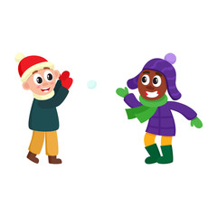 vector boys having fun with snow outdoors. Flat cartoon isolated illustration on a white background. Kid plays with snowball smiling outdoors. Winter children activity concept