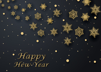 Naklejka premium Layout Happy New Year golden and black color space for text Christmas balls, and snowflakes. Golden bokeh, light and ribbons. Vector illustration