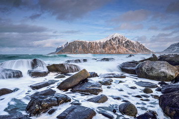 Rocky coast of fjord in Norway