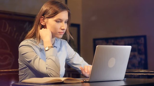 Cute lady working at the laptop. Slider. HD.