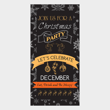 Vector illustration sketch christmas party invitation with toys. Holiday background and design banner or poster. Template with hand-drawn Decorations graphic. Happy New Year Card